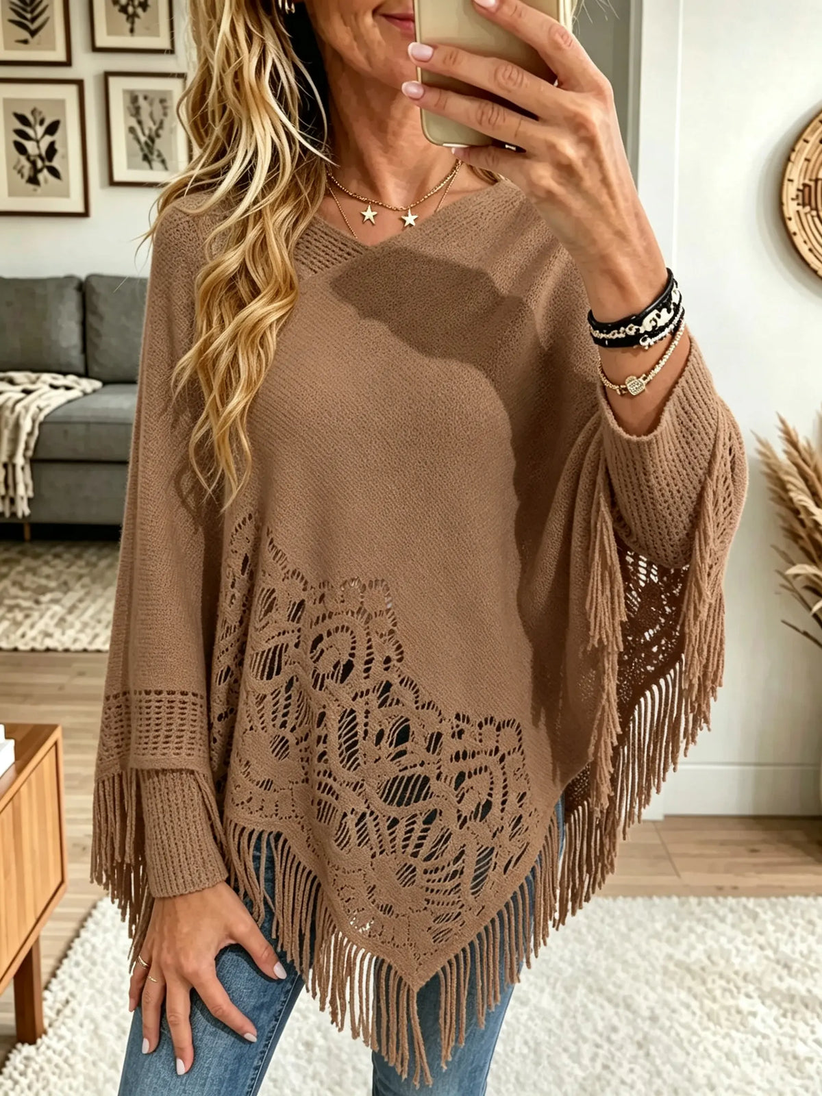 Women's Crochet Lace Cutout Fringe Knit Poncho