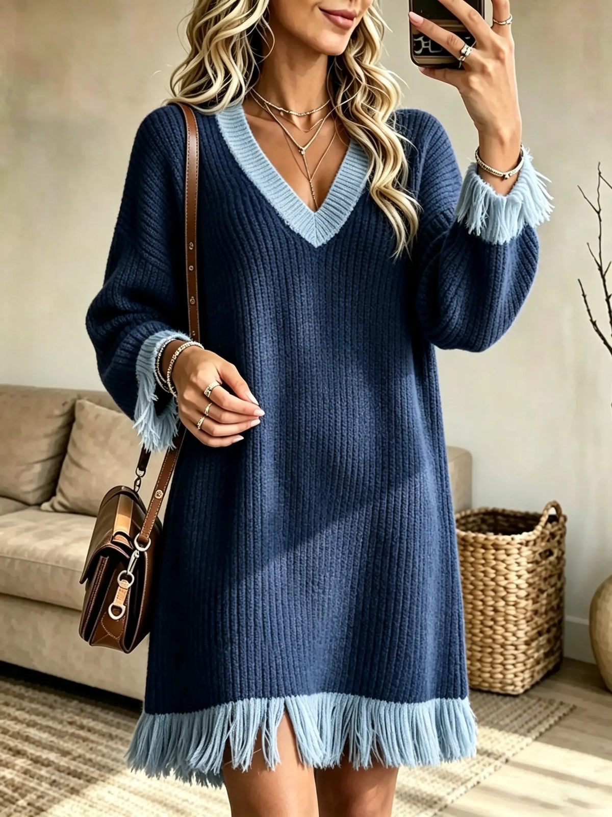 Women's V-Neck Contrast Fringe Knit Sweater Dress