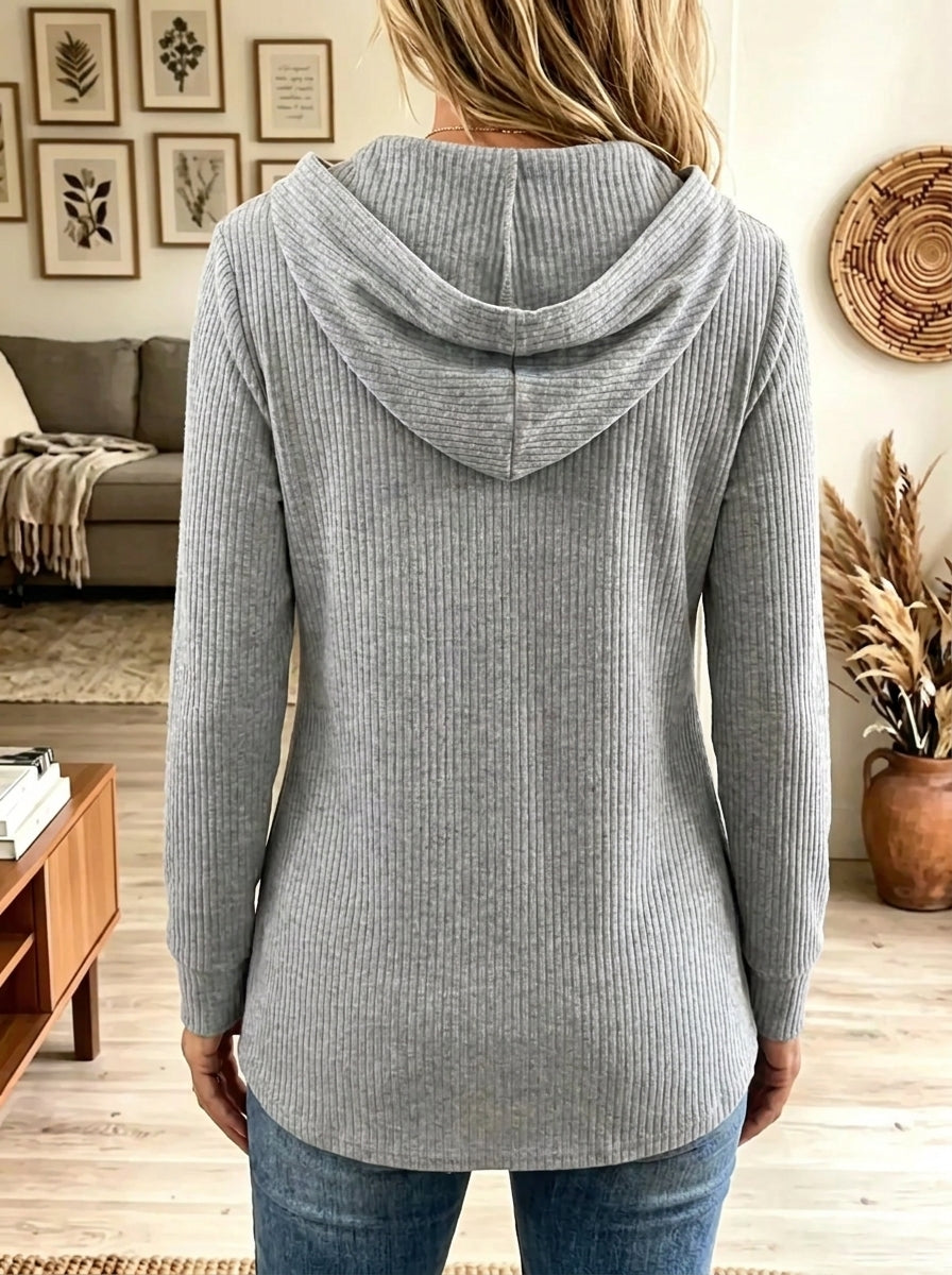 Women's Ring Zipper Ribbed Knit Hooded Tunic