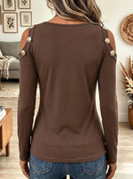 Women's Brown Cold Shoulder Long Sleeve Top with Chest Cutout and Gold Buttons