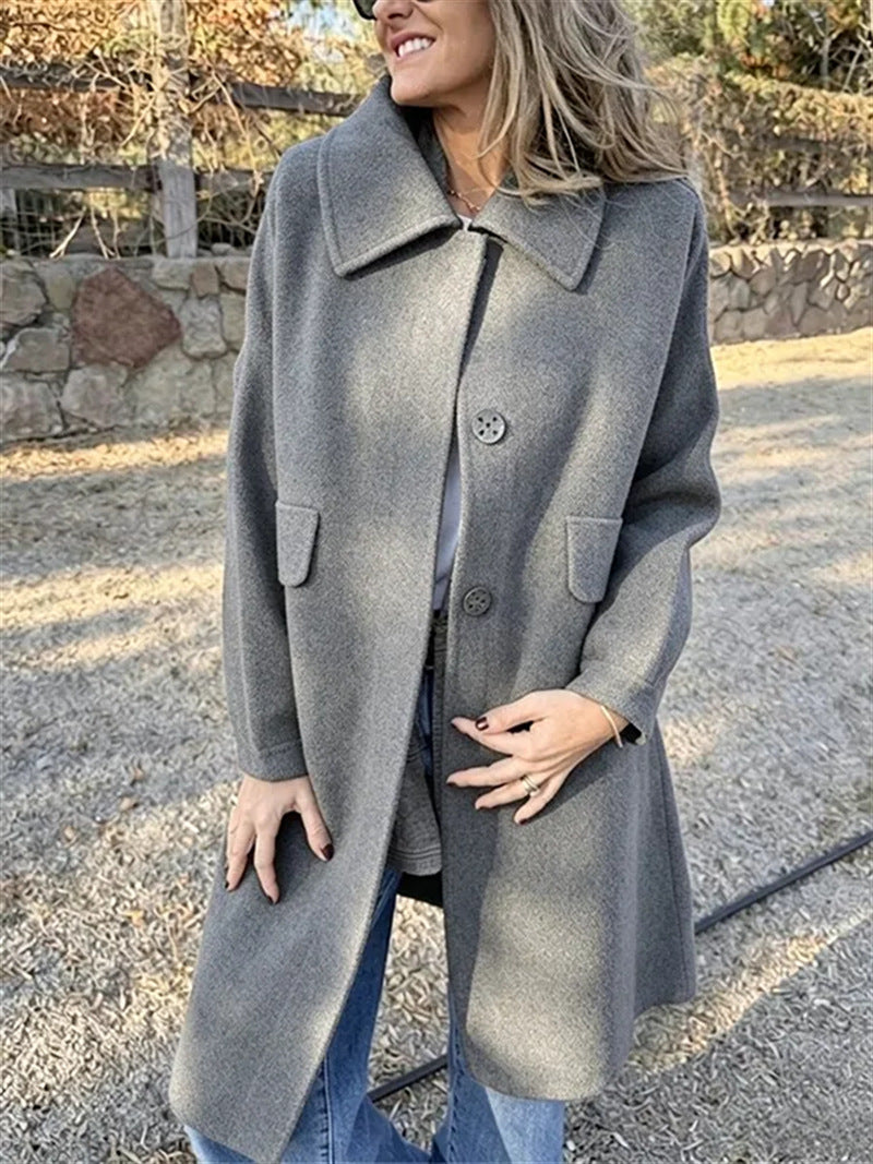 Women Dusty Purple Wide Collar Single Breasted Mid Length Wool Coat