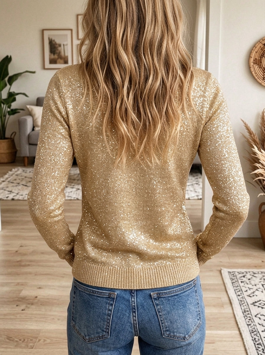 Women's Gold Shimmer Glitter Knit Long Sleeve Sweater Top
