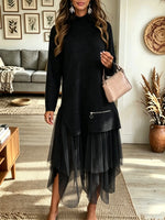 Women's Mock Neck Asymmetrical Tulle Hem Sweater Dress