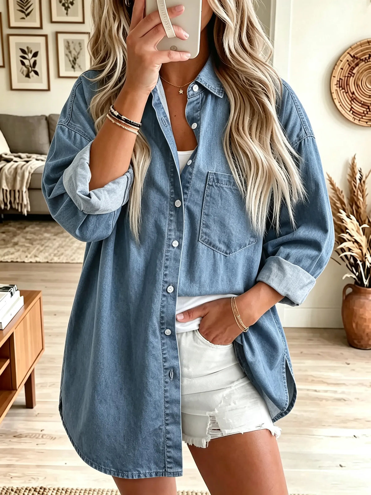 Women's Button-Down Denim Tunic Shirt