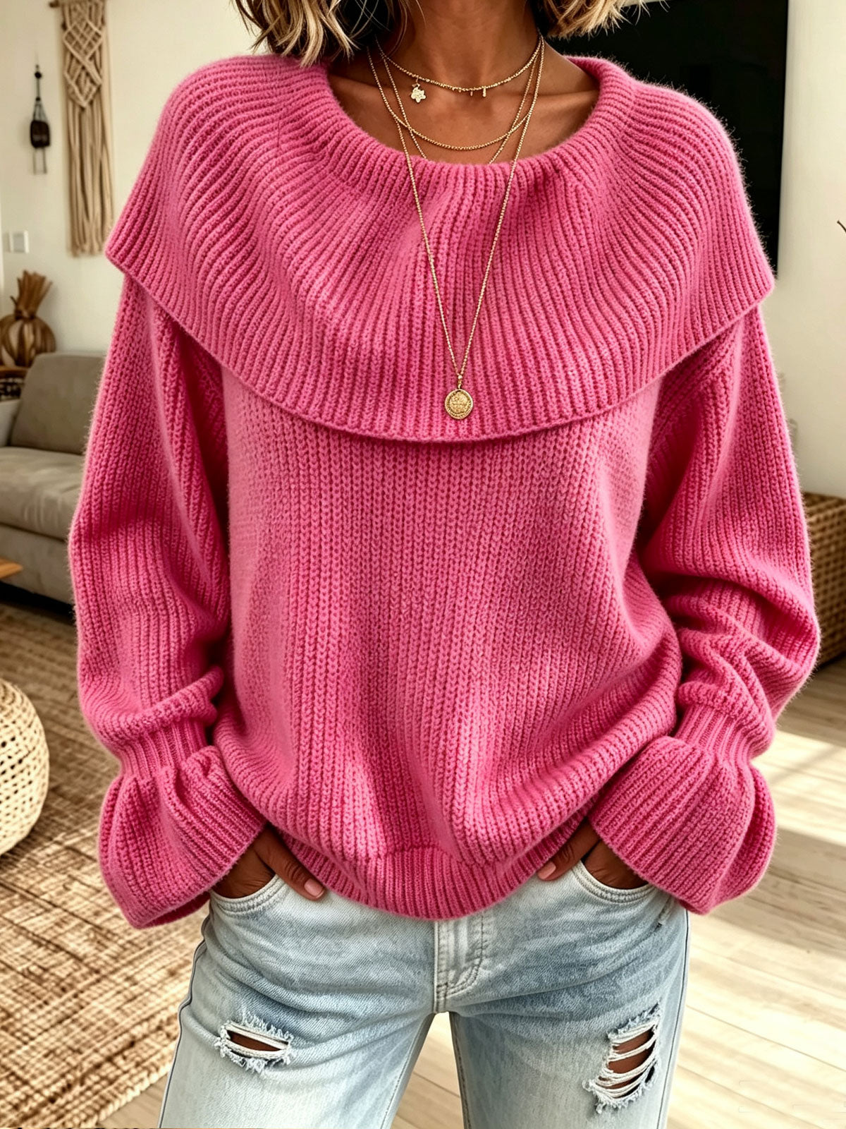 Women Off‑The‑Shoulder Big Fold‑Over Collar Ribbed Knit Sweater