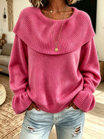 Women Off‑The‑Shoulder Big Fold‑Over Collar Ribbed Knit Sweater