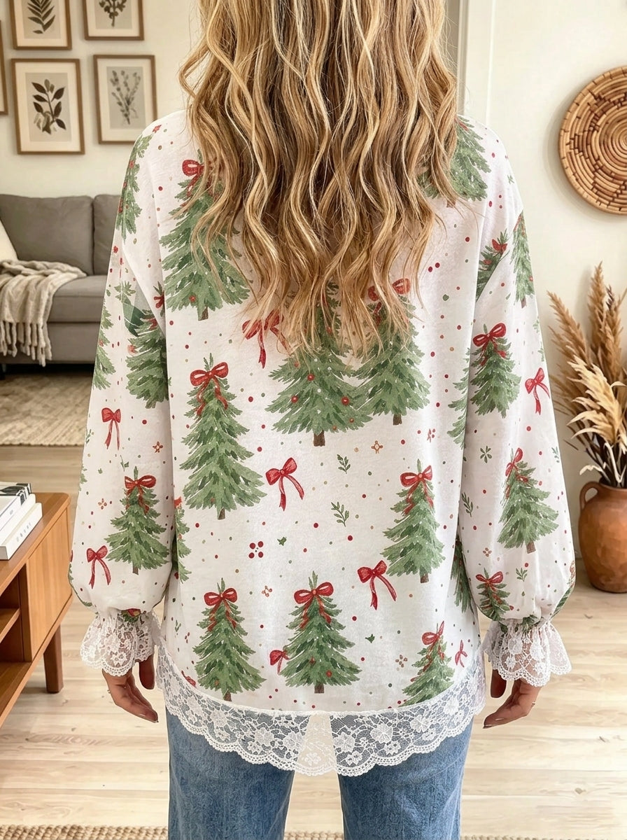 Women's Christmas Tree Bow Print Lace Trim Top
