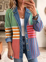 Retro Geometric Pattern Art Casual Denim Patchwork Stylish Long Sleeve Coat