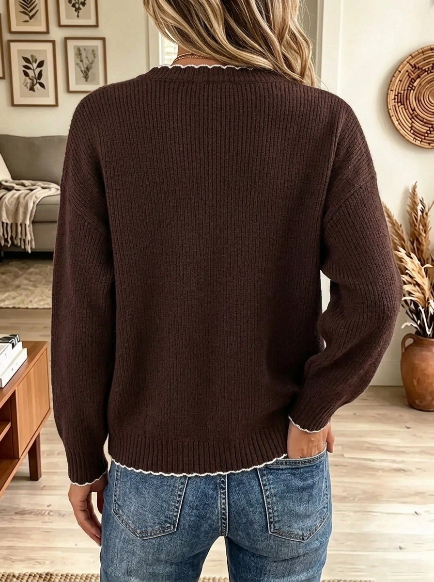Women's Scalloped Trim Bow Tie Ribbed Knit Cardigan