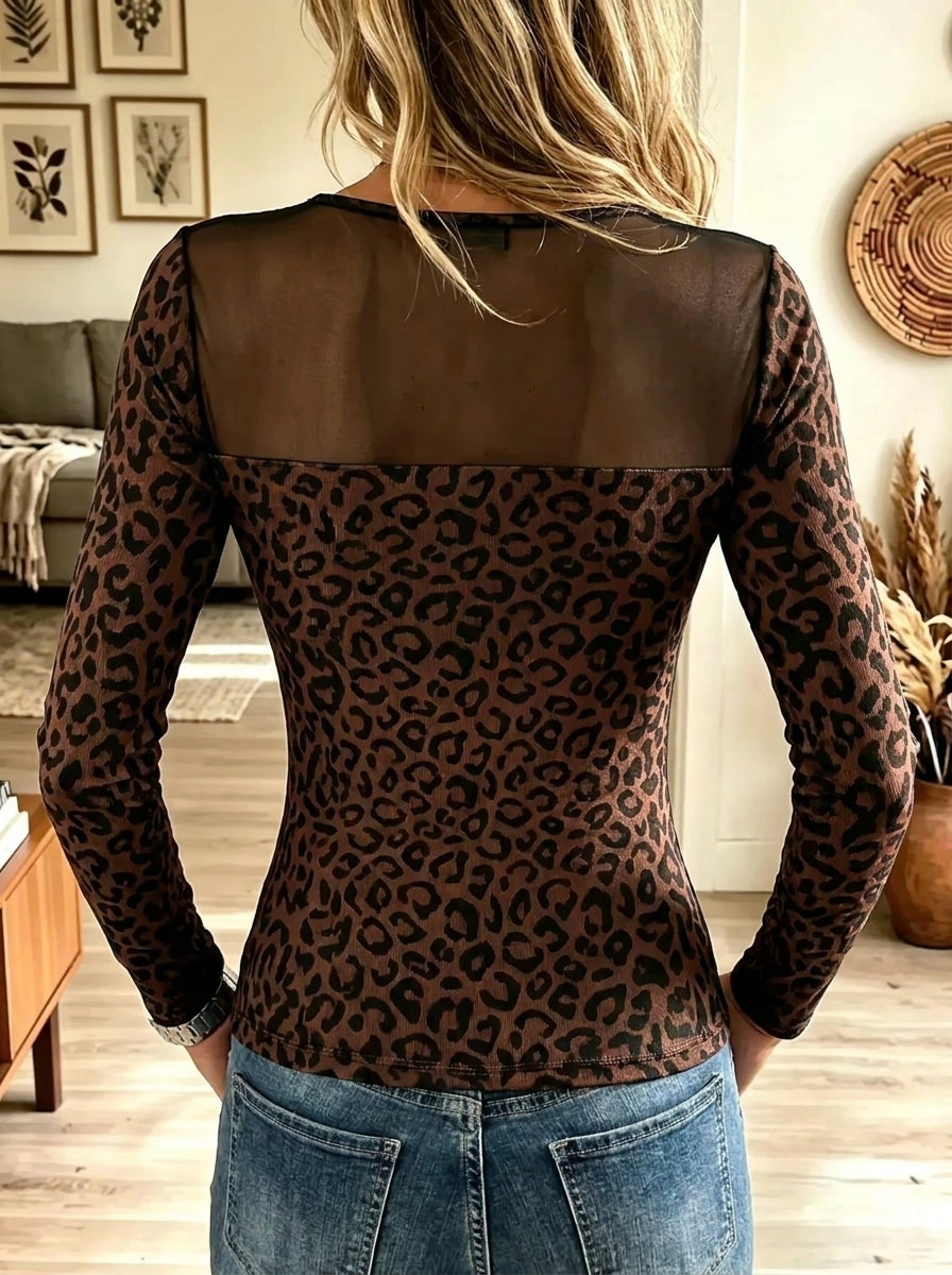Women's Leopard Print Ruched Sheer Mesh Top