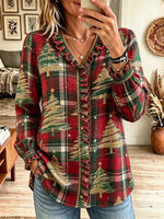 Women's Christmas Tree Print Ruffle Trim Long Sleeve V Neck Blouse
