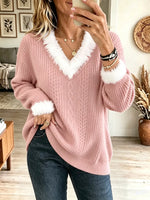 Women's Faux Fur Trim Cable Knit Holiday Sweater