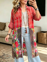 Women Plaid Floral Splice Long Open‑Front Shirt Cardigan