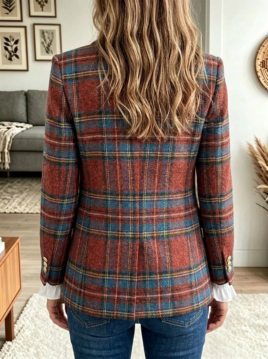 Women's Plaid Double-Breasted Woolen Blazer