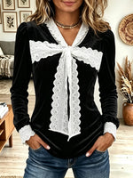 Women's Eyelet Lace Bow Tie Velvet Blouse