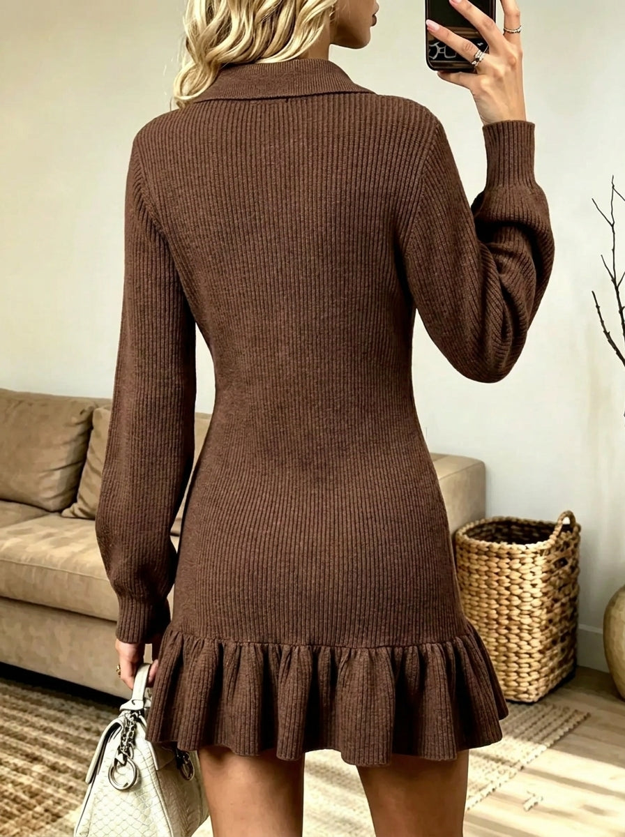 Women's Polo Collar Ruffle Hem Ribbed Sweater Dress