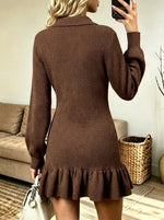Women's Polo Collar Ruffle Hem Ribbed Sweater Dress
