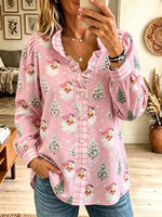 Women's Ruffled Plaid Santa Print Button-Down Shirt
