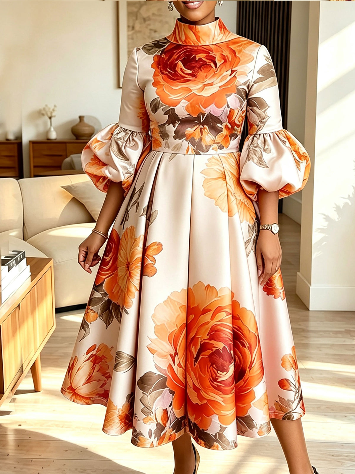 Women Floral Print Mock Neck Puff Sleeve A‑Line Midi Dress