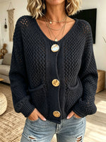Women V‑Neck Hollow Knit Cardigan With Oversized Decorative Buttons & Pockets