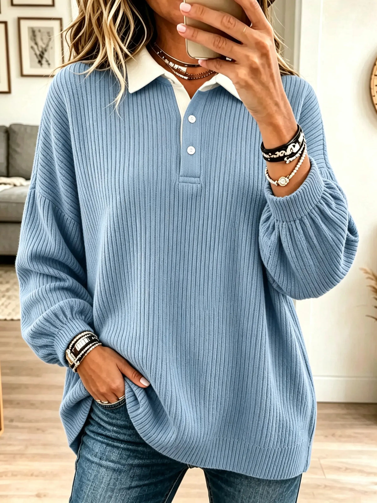 Women's Contrast Polo Collar Ribbed Knit Sweater