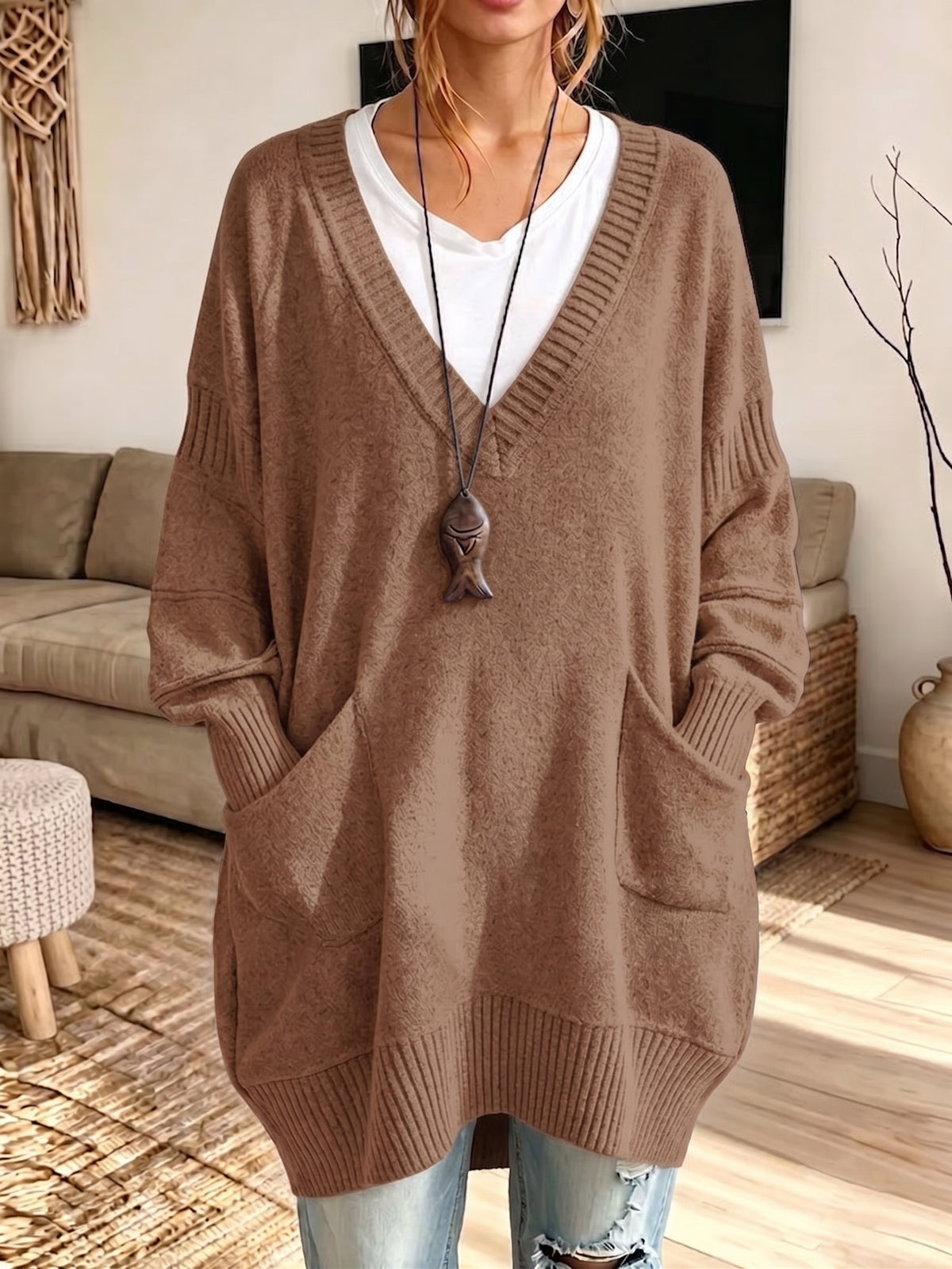 Women Oversized V‑Neck Multi‑Pocket Loose Long Knit Sweater