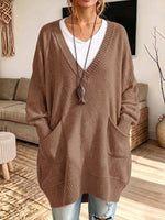 Women Oversized V‑Neck Multi‑Pocket Loose Long Knit Sweater