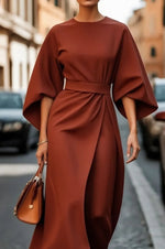 Women Elegant Red Batwing Sleeve Belted Midi Dress