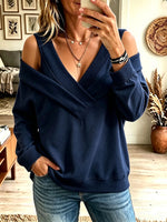 Women's Cold Shoulder V Neck Sweatshirt, Long Sleeve Wrap Front Loose Casual Pullover Top