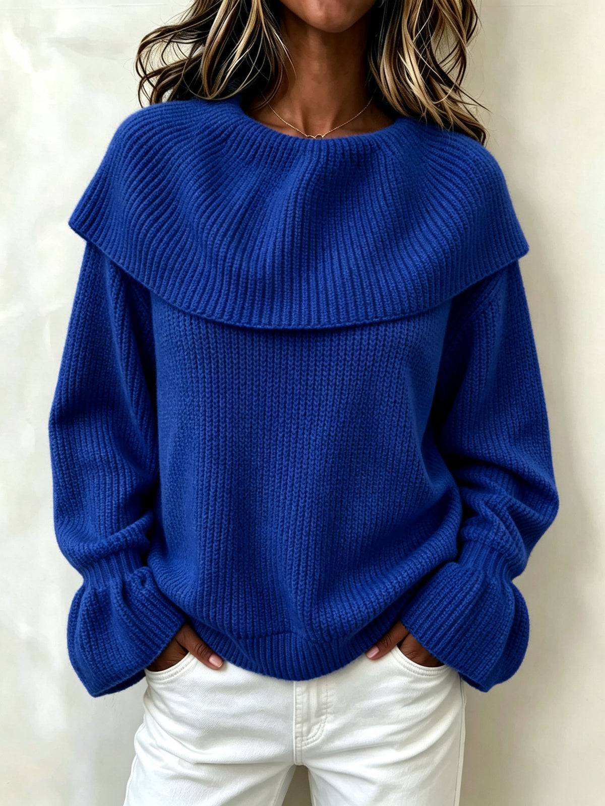 Women Off‑The‑Shoulder Big Fold‑Over Collar Ribbed Knit Sweater