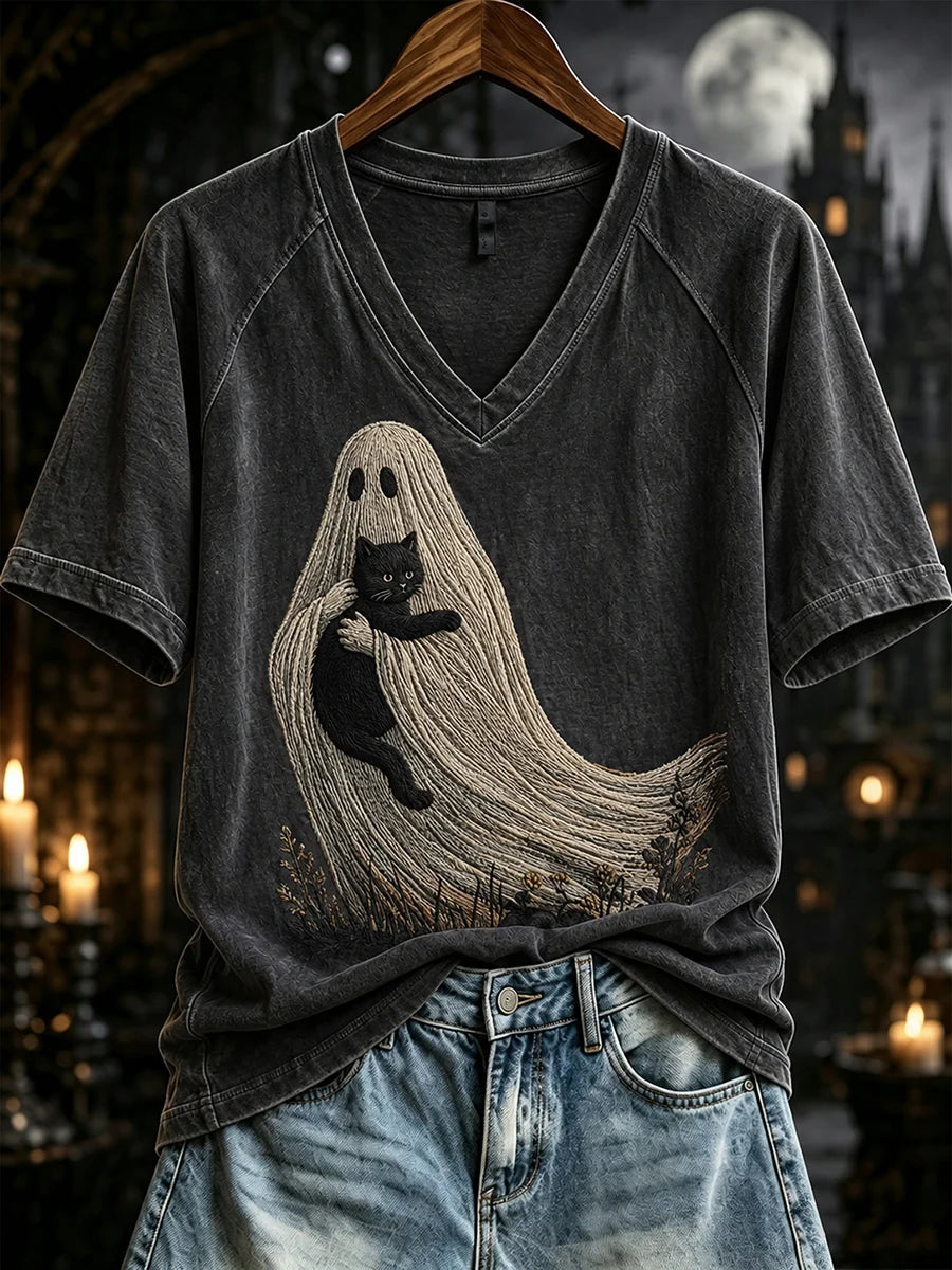 Women's Spooky Ghost Embracing Cat Graphic T-Shirt