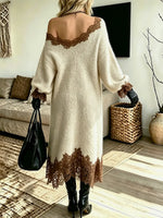 Women's Off Shoulder Lace Trim Knit Loose Oversized Long Sleeve Boho Sweater Dress