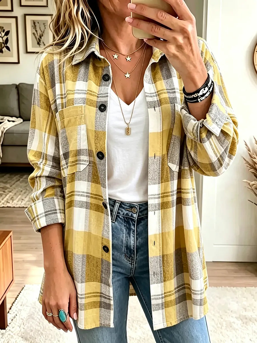 Women's Plaid Long-sleeve Collared Cardigan Top