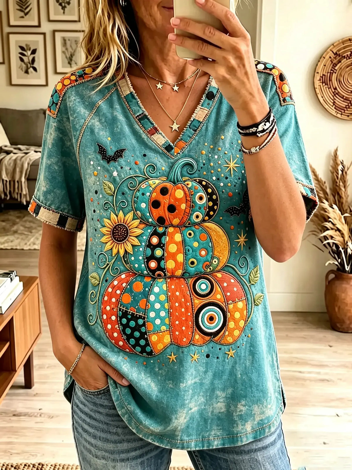 Women's Patchwork Stacked Pumpkin Graphic T-Shirt