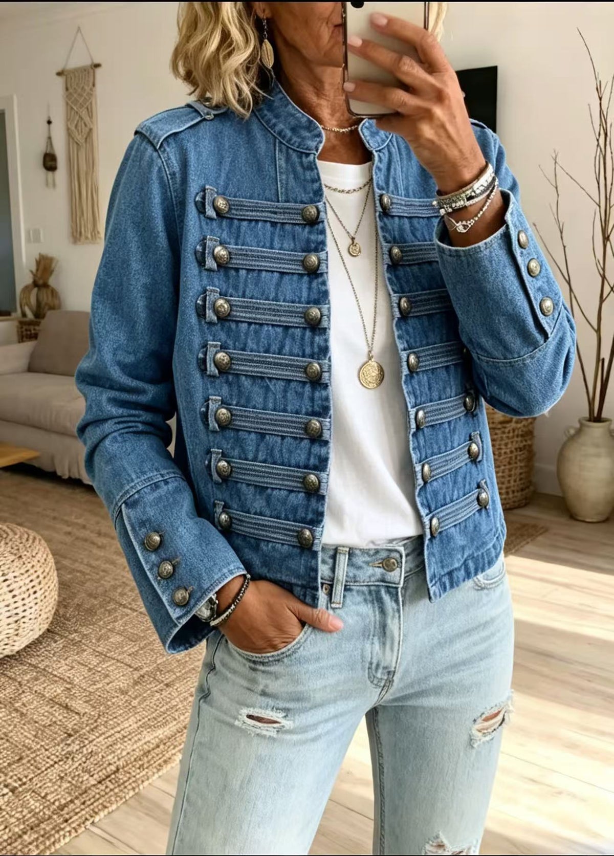 Women Military Double Breasted Cropped Denim Jacket