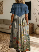 Women’s Denim Collar Vintage Bird Floral Print Spliced Midi Shirt Dress