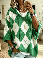 Women Argyle Diamond Pattern Hooded Half‑Sleeve Knit Sweater