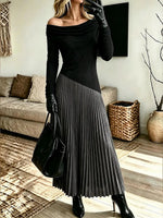 Women's Elegant Patchwork Asymmetric Ruffled Off-shoulder Long-sleeve Maxi Dress