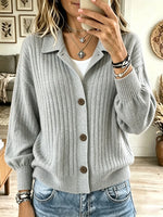 Women's Polo Collar Button-Down Ribbed Cardigan