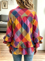 Women Colorful Argyle Plaid Ruffle Hem Flare Sleeve Button Down Shirt
