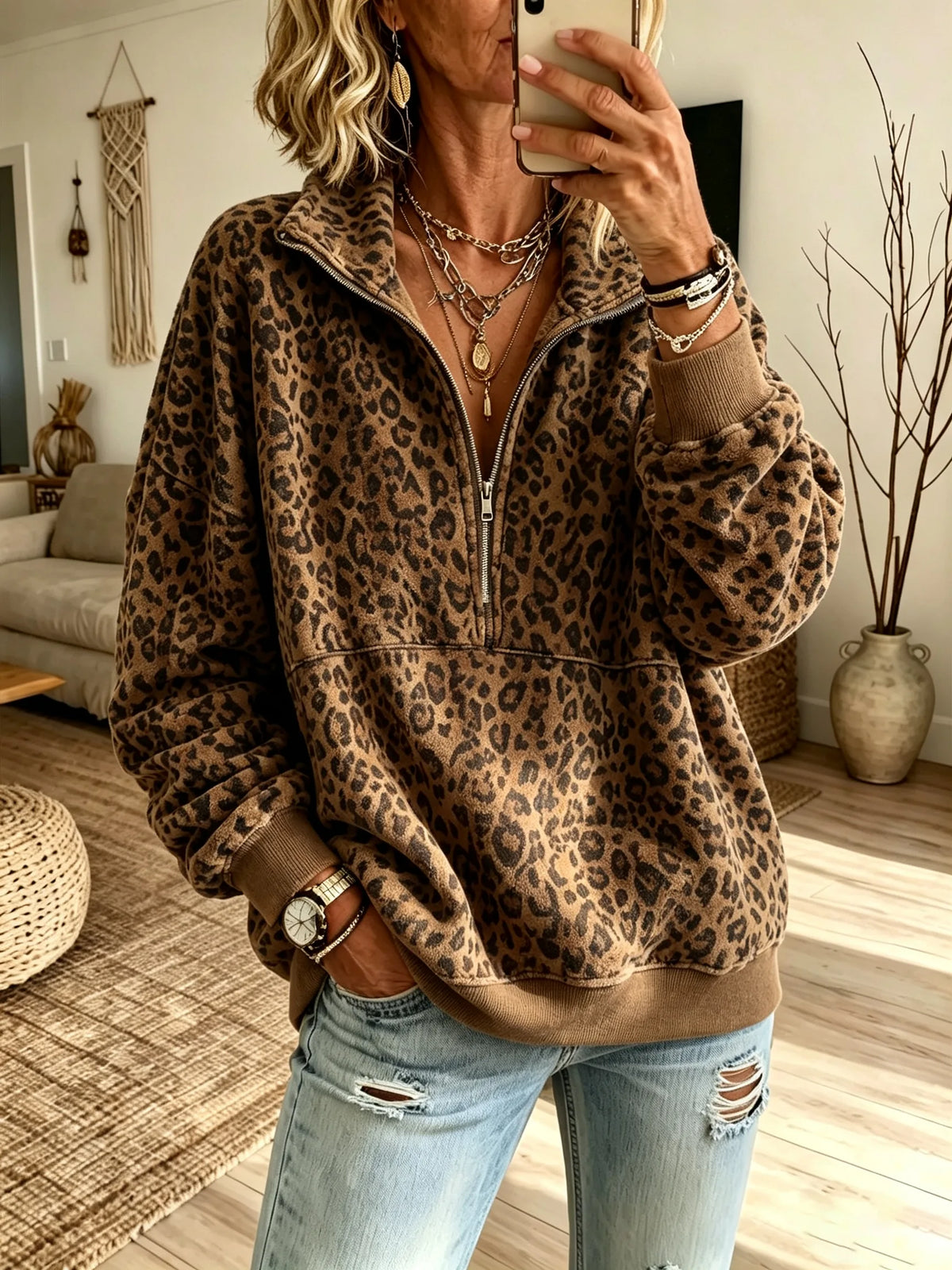Women's Animal Leopard Print Half Zip Pullover Sweatshirt