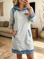 Retro Hooded Denim Patchwork Art Casual Stylish Long Sleeve Sweatshirt Dress