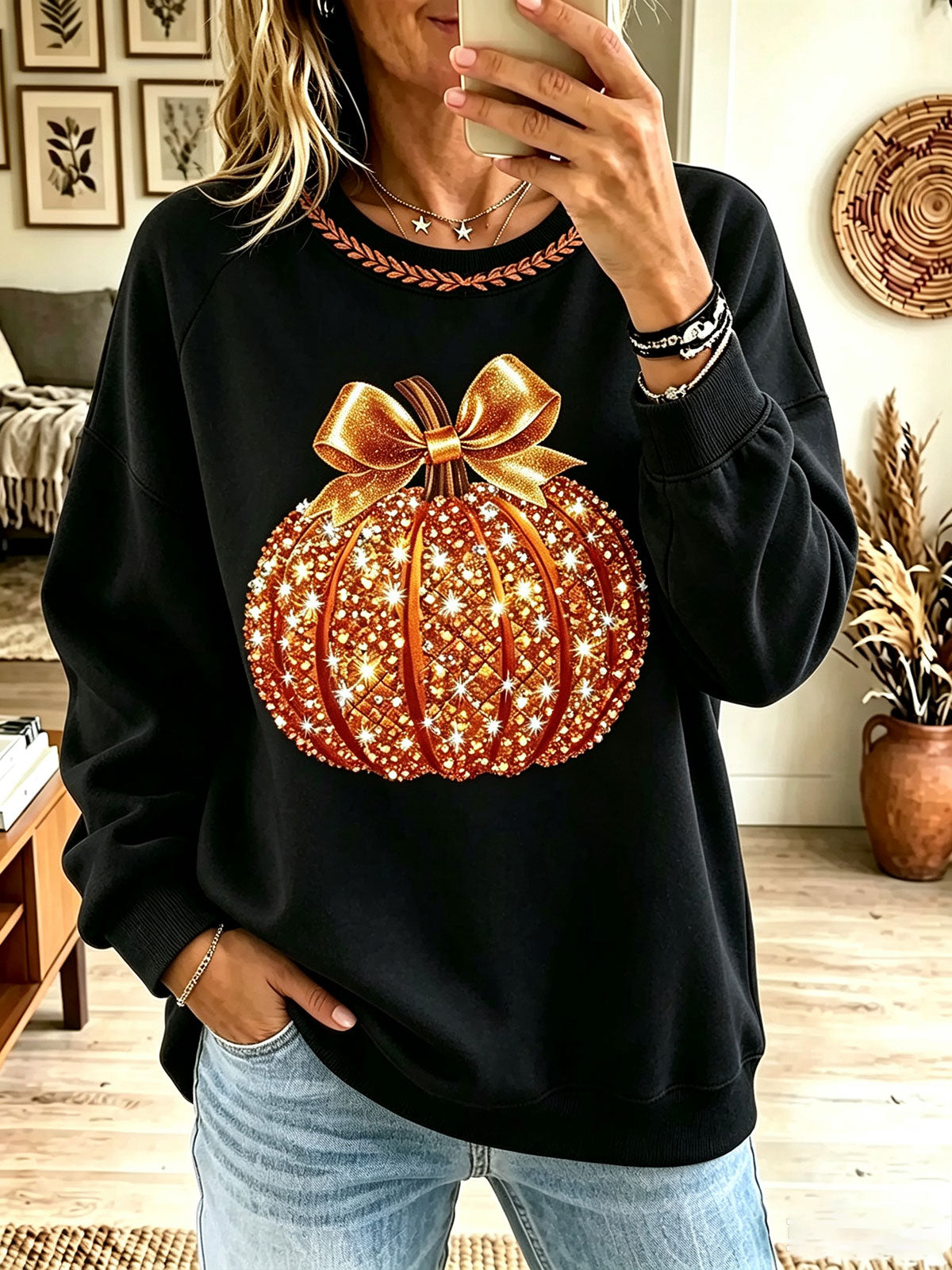 Women Sparkly Pumpkin Bow Graphic Crewneck Fall Sweatshirt
