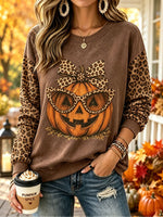 Women Fall Pumpkin Leopard Print Patchwork Crew Neck Sweatshirt