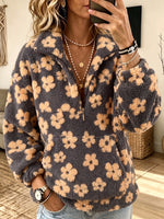 Women Floral Print Half‑Zip Fleece Pullover Sweatshirt With Kangaroo Pocket