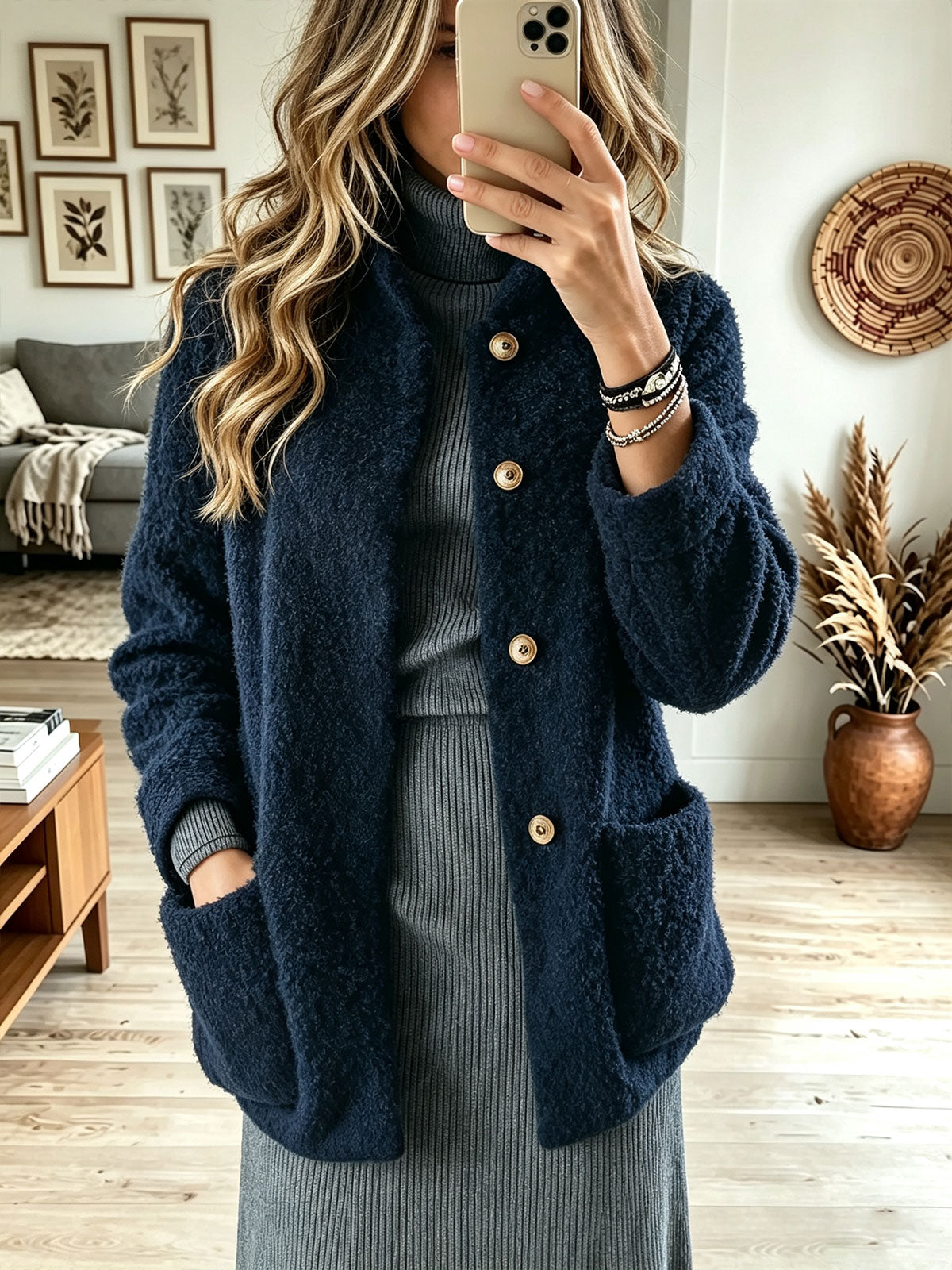 Women's Navy Faux Fur Collar Zip Knit Cardigan, Long Sleeve Cozy Sweater Coat