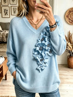 Women's 3D Floral Embellished V-Neck Knit Sweater