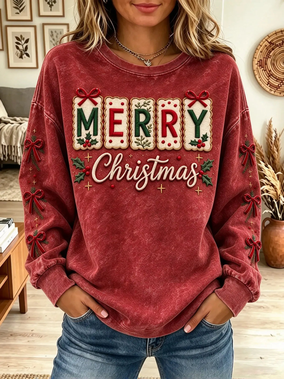 Women's Merry Christmas Velvet Bow Mineral Wash Sweatshirt