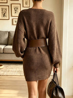 Women's Belted Waffle Knit Sweater Mini Dress