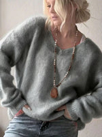 Women Sky Blue Fuzzy V‑Neck Oversized Long Sleeve Knit Sweater